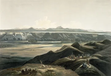 Vista das Montanhas Rochosas, placa 44 do Volume 2 de &39;Viagens no Interior da América do Norte&39;, gravada por Sigismond Himely (1801-72) 1844 (aquatint)