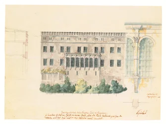 Um projeto para uma nova escada para a fachada norte do Schloss em Stettin, com um estudo subsidiário da loggia, um corte transversal da fachada e uma pilastra envolvida, c.1840 (lápis, caneta e tinta e
