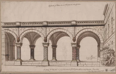 Ariodant. Ópera de Étienne Nicolas Méhul. Projecto para o 1.º cenário. Passagem com arcadas / Uma galeria