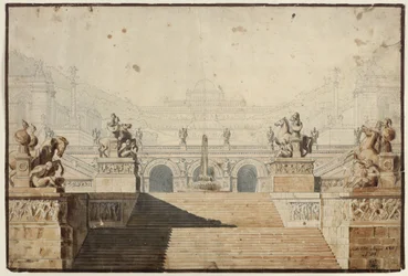Armida. Ópera de Christoph Willibald Gluck. Projecto para o 1.º cenário. Palácio com conjunto de escadarias