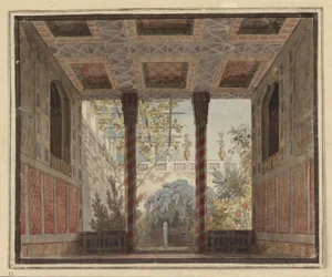Axur, rei de Ormus. Ópera de Antonio Salieri. Projecto para a 6.ª decoração. Sala de jardim de Astasia