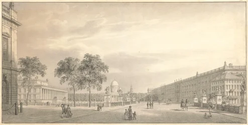 Berlim, Unter den Linden. Vista do Lustgarten com a Schlossbrücke, o Museu Antigo, a catedral e o palácio