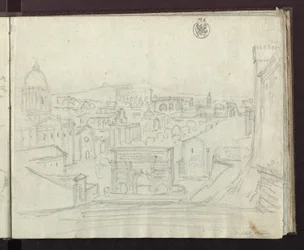 Vista para leste do Capitólio em Roma sobre o Fórum, com o Arco de Septímio Severo