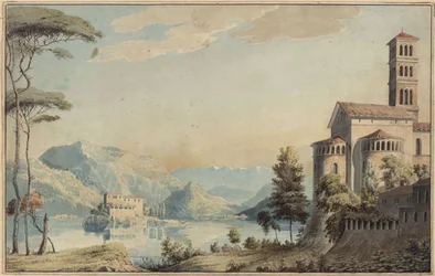 Decoração para uso geral. Paisagem com lago e igreja