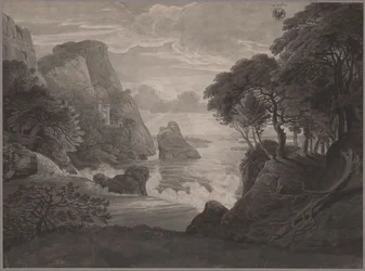 Paisagem costeira rochosa com um castelo