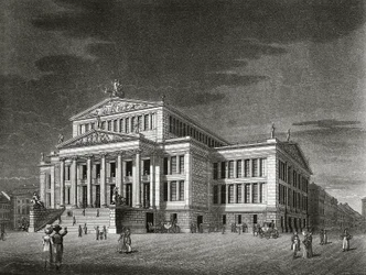 Alemanha, Berlim, Vista do Schauspielhaus (sala de concertos), gravura de Karl Friedrich Schinkels (1781-1841)