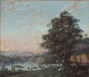 Paisagem ideal italiana com árvore, rebanho e montanhas