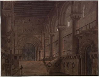 Rei Yngurd. Tragédia de Adolf Müllner. Projecto para o 5.º cenário. Salão na torre com a Porta da Morte