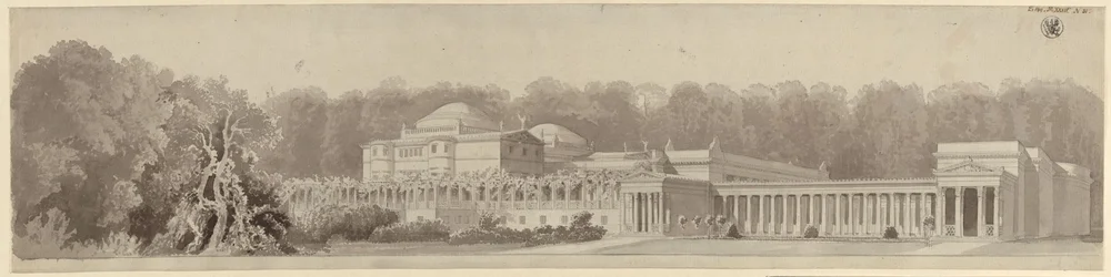 Potsdam-Sanssouci. Antiga casa de campo junto ao Palácio de Charlottenhof. Vista em perspectiva do nordeste