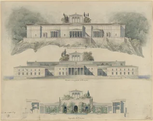 Palácio de Orianda na Crimeia. Projecto classicizante. Alçado dos lados do mar e da terra, corte através da corte imperial com o Museu da Crimeia e o templo que o remata