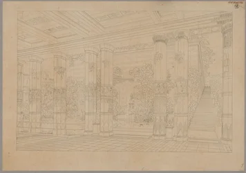 Palácio de Orianda na Crimeia. Projecto clássico. Vista em perspectiva do pórtico da corte imperial com tanque e museu