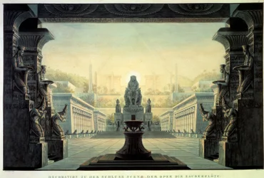 Decoração do Teatro: Decoração para a ópera "La Flauta Encante (Die Zauberflote) de Wolfgang Amadeus Mozart, sobre um libreto de Emanuel Schikaneder. Desenho de Karl Schinkel (1781-1841)