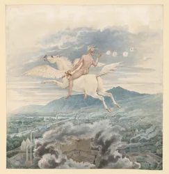 Figura feminina (sopradora de bolas de sabão) como alegoria de Christian Peter Wilhelm Beuth, montando Pégaso sobre uma cidade industrial