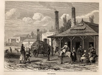 Uma fábrica de açúcar da Riviere du Rempart, na Maurícia, desenho de Karl Girardet (1813-1871), para ilustrar a estadia de Alfred Verney na Maurícia, em 1861. Gravura em "Le tour du monde", editado por Edouard Charton