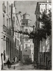 O palácio de Bianca Cappello em Venezia, Veneza. desenho de Karl Girardet (1813-1871), para ilustrar a viagem de Adalbert de Beaumont a Veneza, por volta de 1850. Gravura em "Le tour du monde", editado por Edouard Charton