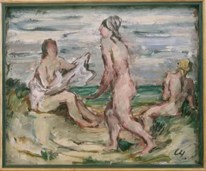 Três mulheres nuas na praia