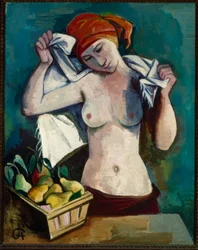 Nu feminino com cesta de frutas