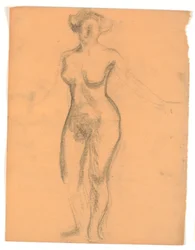 Em pé, nu, modelo feminino visto de frente