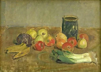Ainda Vida. Maçãs, alho-poró, bananas e jarra verde