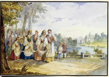 Raparigas Camponesas Russas com Vestido do Festival. Obra de Karl Ivanovich Kolmann (1786-1846), aguarela sobre papelão