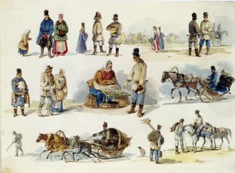 Tipos populares da Rússia. Obra de Karl Ivanovich Kolmann (1786-1846), aguarela sobre papelão