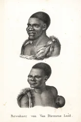 Nativos da Tasmânia, Terra de Van Diemen. Grou Aagara, homem com escarificação no peito e capa de pele de animal, e Arra-Maida, mulher com uma criança às costas num papoose de canguru. Os nativos da Tasmânia foram exterminados pelos colonizadores. Copiado 
