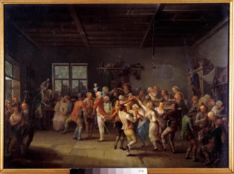 Recrutamento em uma pousada do século 18 Oficiais dançarinos de casacos. Pintura por Karl Pitz (1756-1795)