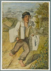 Newspaper Boy, 1864 (wc over black middraw underdrawing)