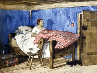Gato a visitar uma mulher no seu quarto, início do século XX (ilustração)