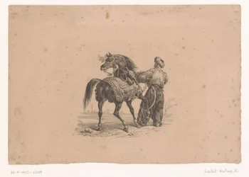Cavalo e homem de pé em roupas otomanas Cavalos e Cavaleiros (título da série)