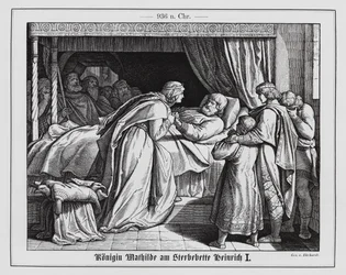 A rainha Matilda junto ao leito de morte do rei Henrique I de França Oriental, 936 (gravura)