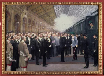 Receção do Imperador Francisco José I da Áustria (1830-1916) na Estação Ferroviária Estatal por ocasião da anexação da Bósnia-Herzegovina, 31 de outubro