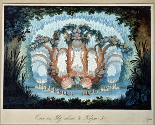Desenho de palco para a ópera "Chor Valley" de A.Verstovski. Obra de Karl Ossipovich Braun, o Grande (?-1854). Tinta e aguarela sobre papel, 31,9 x 41,2 cm, arte russa, arte cénica