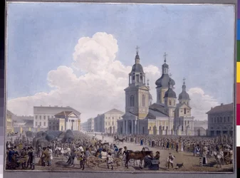 O Hay Market Place e a Igreja da Assunção em São Petersburgo. Obra de Karl Petrovich Beggrov (1799-1875), aquarela sobre papel