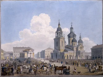 O Hay-market Place e a Igreja da Assunção em São Petersburgo - Obra de Karl Petrovich Beggrov (1799-1875), aquarela sobre papel (10,3x15,1 cm),1820-1830 - State Russi
