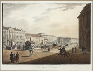 Vista do aterro de Moika perto da Ponte da Polícia - Karl Petrovich Beggrov (1799-1875). Litogravura, aguarela