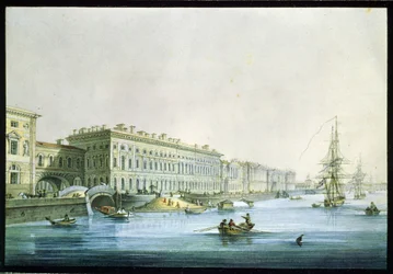 Vista do aterro do palácio em São Petersburgo. Pintura de Karl Petrovich Beggrov (1799-1875). Aguarela e tinta sobre papel, ca. 1830, arte russa do século XIX, classicismo. Museu Estatal Russo, Saint Pet