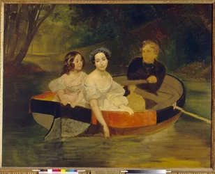 Autorretrato com a Baronesa Yekaterina Meller Zakomelskaya (Meller-Zakomelskaya) e sua filha em um barco. Pintura de Karl Pavlovich Briullov (Bryullov) (1799-1852), óleo sobre tela