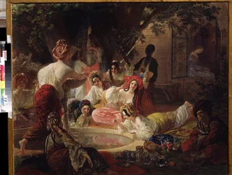 A fonte de Bahcesaray (Turquia) (A fonte de Bahcesaray). Mulheres em um harém brincando com água de uma fonte em um lago de peixes dourados. Pintura de Karl Pavlovich Briullov (Briullov) (1799-1852). Óleo sobre tela