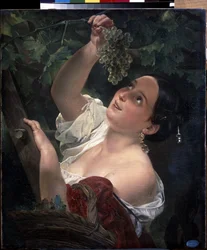 Meio-dia italiano (meio-dia italiano). Jovem, ombro nu, colhendo um cacho de uvas - Pintura de Karl Pavlovich Briullov (Briullov) (1799-1852) - óleo sobre tela
