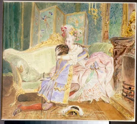 Rendezvous: beijo entre um homem negro e uma mulher branca da nobreza russa - Ilustração do romance "O Negro de Pedro o Grande" de Alexander Pushkin (1799-1837) baseado na vida de Abraham Hanibal (Abram Petrovitch Gannibal) (1696-1781) - O