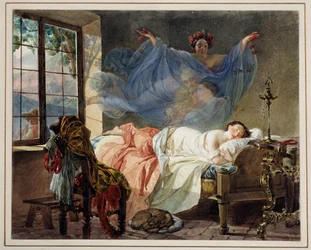 Sonhos de uma jovem ao amanhecer - Obra de Karl Pavlovich Briullov (Briullov) (1799-1852) - Aquarela sobre papelão