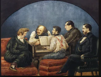 O compositor Michail I Glinka e seus amigos (Retrato de grupo de K Briullov, M Glinka, Y Yanenko, N Kukolnik)