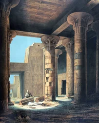 Interior do Templo de Philae". Litografia segundo Karl Richard Lepsius (1810-1884), egiptólogo prussiano. Colunas do Templo de Ísis, principal deusa do antigo Egito, irmã e esposa de Osíris.