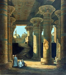 Vista interior da Sala dos Pilares em Esneh". Litografia segundo Karl Richard Lepsius (1810-1884) egiptólogo prussiano. Isna Alto Egito Arqueologia Religião Mitologia Egípcio Antigo