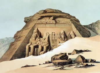 Templo de pedra em Abu Simbel". Litografia de Karl Richard Lepsius (1810-1884), egiptólogo prussiano. Estátuas de Ramsés II (reinou entre 1304 e 1273 a.C.) no exterior do templo principal. Arqueologia Religião Mitologia Egípcio Antigo