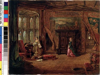 Cena interna. Pintura de Karl Zimmermann (1796-1820). Óleo sobre tela, 37,7 x 56 cm. Arte alemã do século XIX. Museu Estadual de Arte M.K. Ciurlionis, Kaunas (Lituânia).
