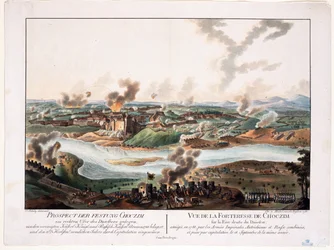 O cerco de Khotyn (Chocim, Chotyn, Hotin, Choczim ou Khotine, Ucrânia) em 1788 - Schuetz, Carl (1745-1800) - 1788 - Gravura em cobre, aguarela - 36,6x48,3 - Colecção Privada