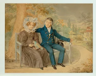 Casal de idosos num jardim vienense ... (lápis e aguarela)