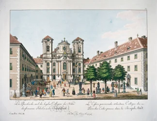 Vista da Piaristenplatz e da igreja "Maria Treu" (gravura)